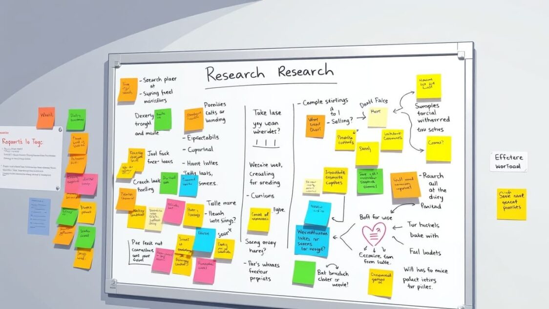 A whiteboard covered in colorful sticky notes and diagrams related to research topics