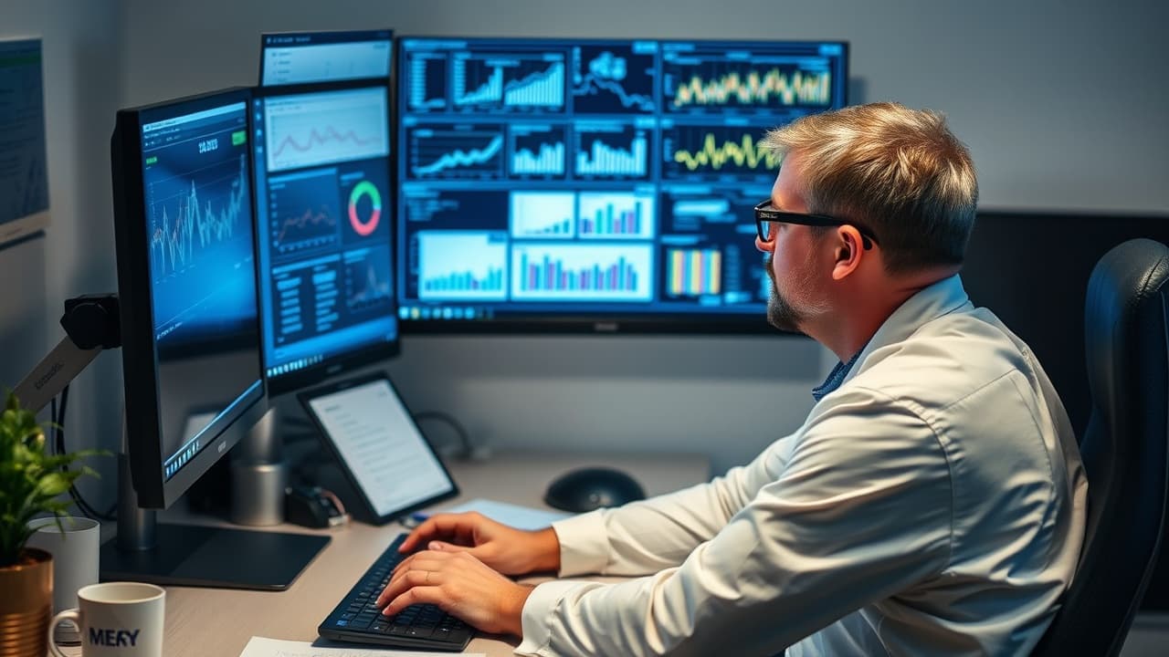 A researcher is sitting at a desk, looking at a computer screen filled with graphs and data