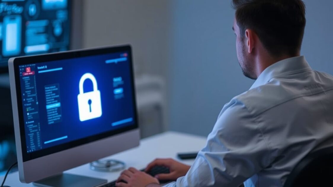 A person sitting at a computer with a glowing lock symbol on the screen